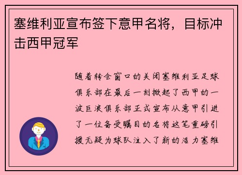 塞维利亚宣布签下意甲名将，目标冲击西甲冠军