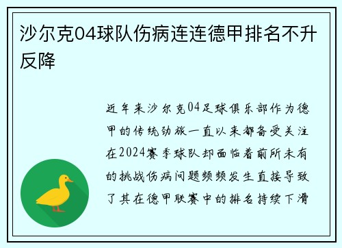 沙尔克04球队伤病连连德甲排名不升反降