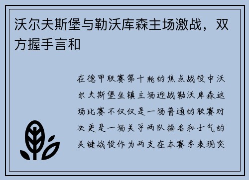 沃尔夫斯堡与勒沃库森主场激战，双方握手言和
